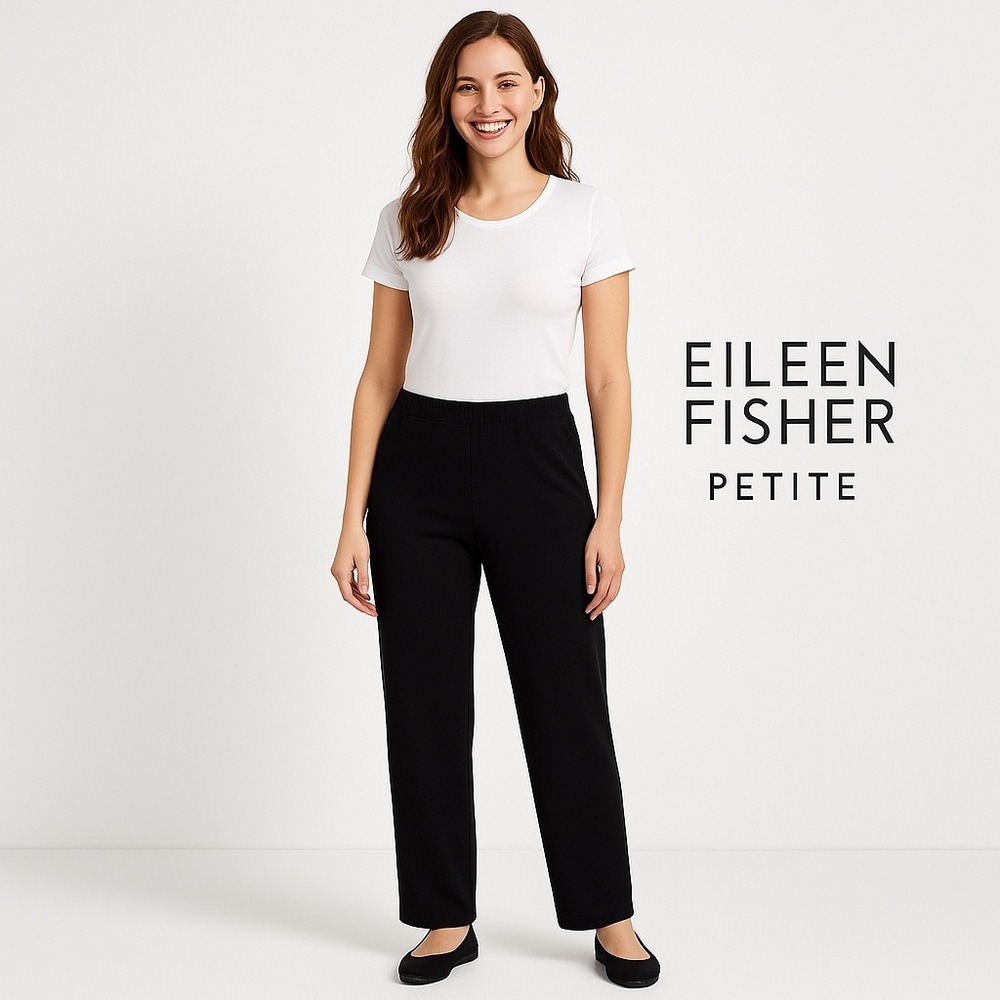 Eileen Fisher Petite PM Black Straight Leg Knit Pants Pull-On Stretch Comfort